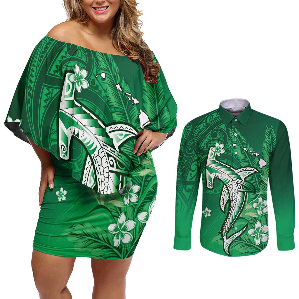 Personalized Hawaiian Maori Hammerhead Shark Couples Matching Off Shoulder Short Dress and Long Sleeve Button Shirt Omaomao Plumeria LT9 Green - Polynesian Pride