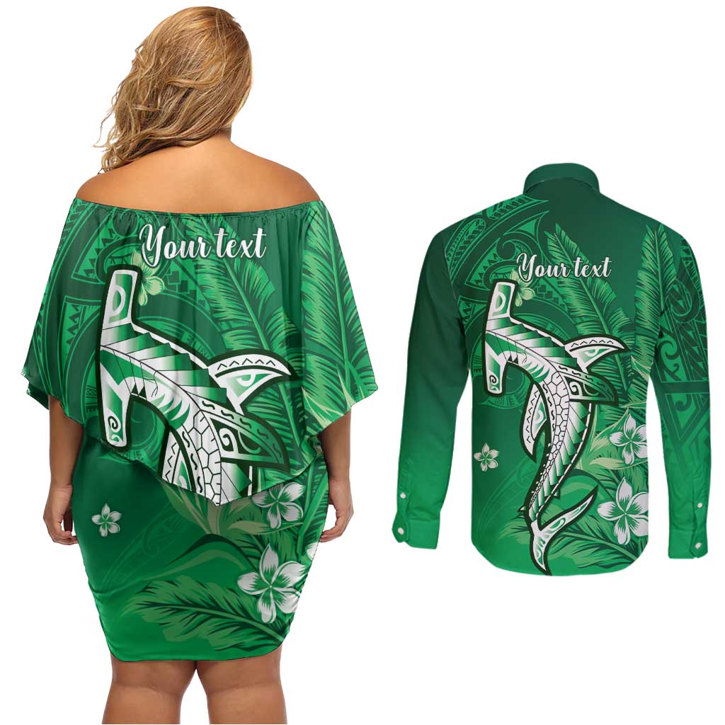 Personalized Hawaiian Maori Hammerhead Shark Couples Matching Off Shoulder Short Dress and Long Sleeve Button Shirt Omaomao Plumeria LT9 - Polynesian Pride