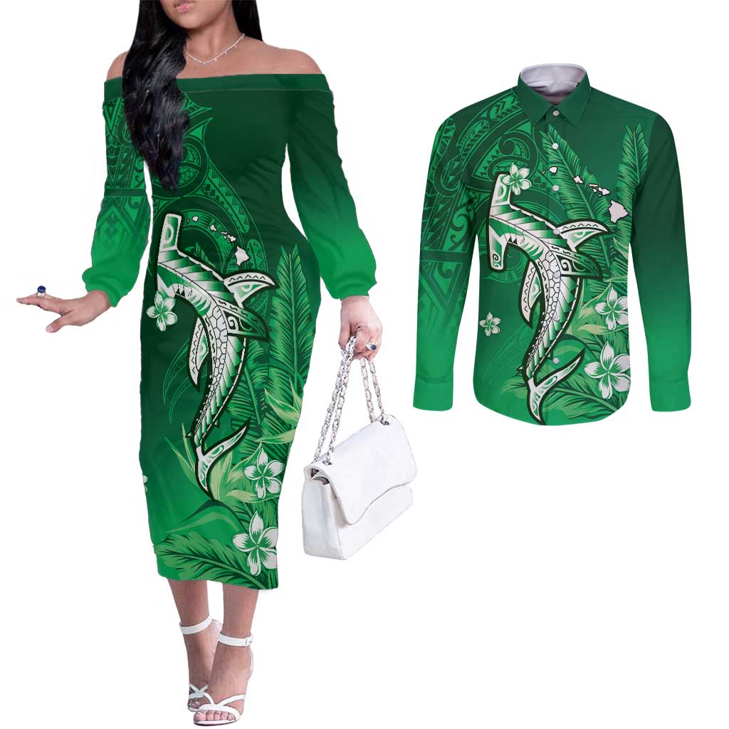 Personalized Hawaiian Maori Hammerhead Shark Couples Matching Off The Shoulder Long Sleeve Dress and Long Sleeve Button Shirt Omaomao Plumeria - Polynesian Pride