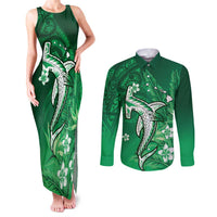 Personalized Hawaiian Maori Hammerhead Shark Couples Matching Tank Maxi Dress and Long Sleeve Button Shirt Omaomao Plumeria LT9 Green - Polynesian Pride