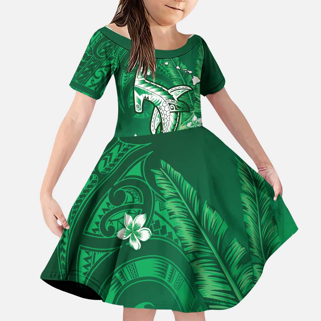 Personalized Hawaiian Maori Hammerhead Shark Family Matching Puletasi and Hawaiian Shirt Omaomao Plumeria LT9 Daughter's Dress Green - Polynesian Pride