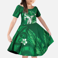 Personalized Hawaiian Maori Hammerhead Shark Family Matching Puletasi and Hawaiian Shirt Omaomao Plumeria LT9 Daughter's Dress Green - Polynesian Pride