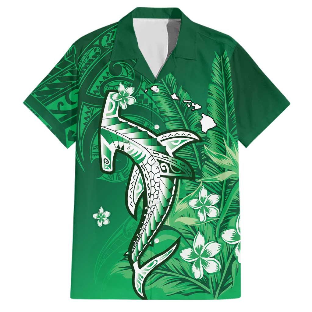 Personalized Hawaiian Maori Hammerhead Shark Family Matching Puletasi and Hawaiian Shirt Omaomao Plumeria LT9 Dad's Shirt - Short Sleeve Green - Polynesian Pride