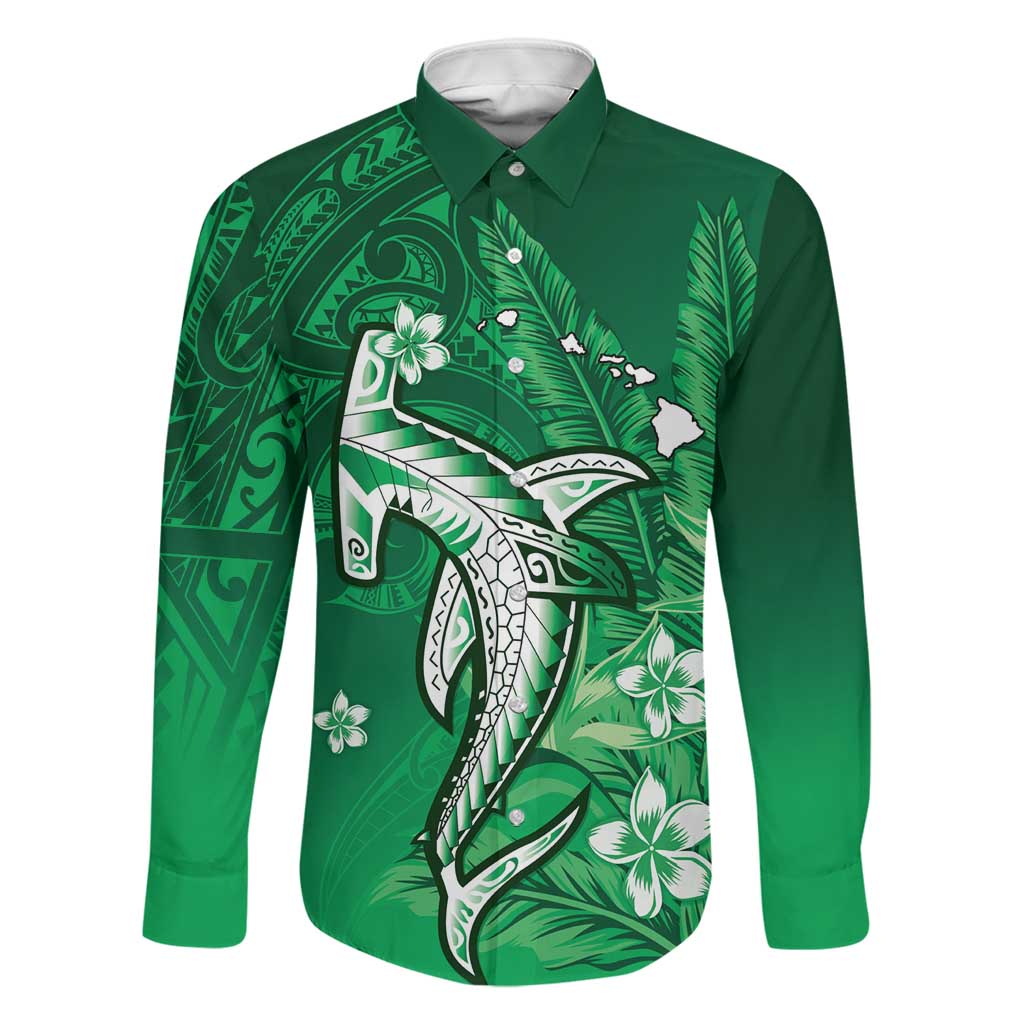 Personalized Hawaiian Maori Hammerhead Shark Family Matching Puletasi and Hawaiian Shirt Omaomao Plumeria LT9 Dad's Shirt - Long Sleeve Green - Polynesian Pride
