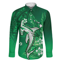Personalized Hawaiian Maori Hammerhead Shark Family Matching Puletasi and Hawaiian Shirt Omaomao Plumeria LT9 Dad's Shirt - Long Sleeve Green - Polynesian Pride