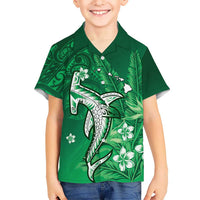 Personalized Hawaiian Maori Hammerhead Shark Family Matching Puletasi and Hawaiian Shirt Omaomao Plumeria LT9 Son's Shirt Green - Polynesian Pride