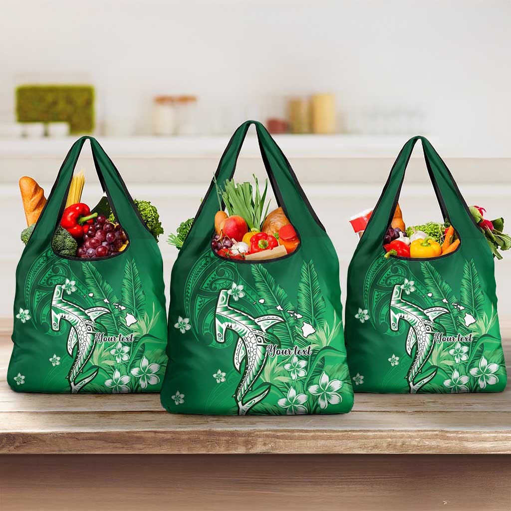Personalized Hawaiian Maori Hammerhead Shark Grocery Bag Omaomao Plumeria LT9 3-pack One Size Green - Polynesian Pride