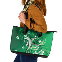 Personalized Hawaiian Maori Hammerhead Shark Leather Tote Bag Omaomao Plumeria LT9 Green - Polynesian Pride