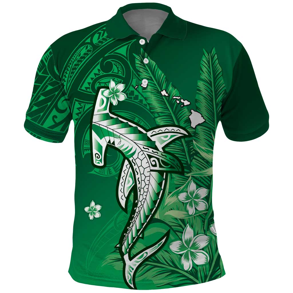 Personalized Hawaiian Maori Hammerhead Shark Polo Shirt Omaomao Plumeria LT9 Green - Polynesian Pride
