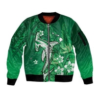 Personalized Hawaiian Maori Hammerhead Shark Sleeve Zip Bomber Jacket Omaomao Plumeria LT9 Unisex Green - Polynesian Pride