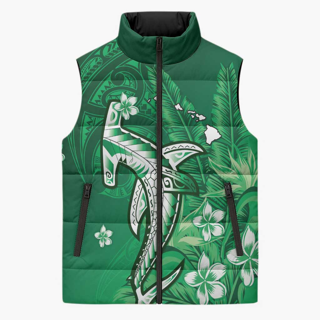 Personalized Hawaiian Maori Hammerhead Shark Sleeveless Puffer Jacket Omaomao Plumeria - Polynesian Pride