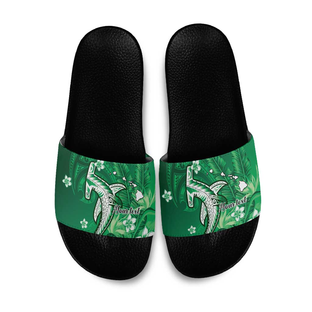 Personalized Hawaiian Maori Hammerhead Shark Slide Sandals Omaomao Plumeria LT9 Green - Polynesian Pride