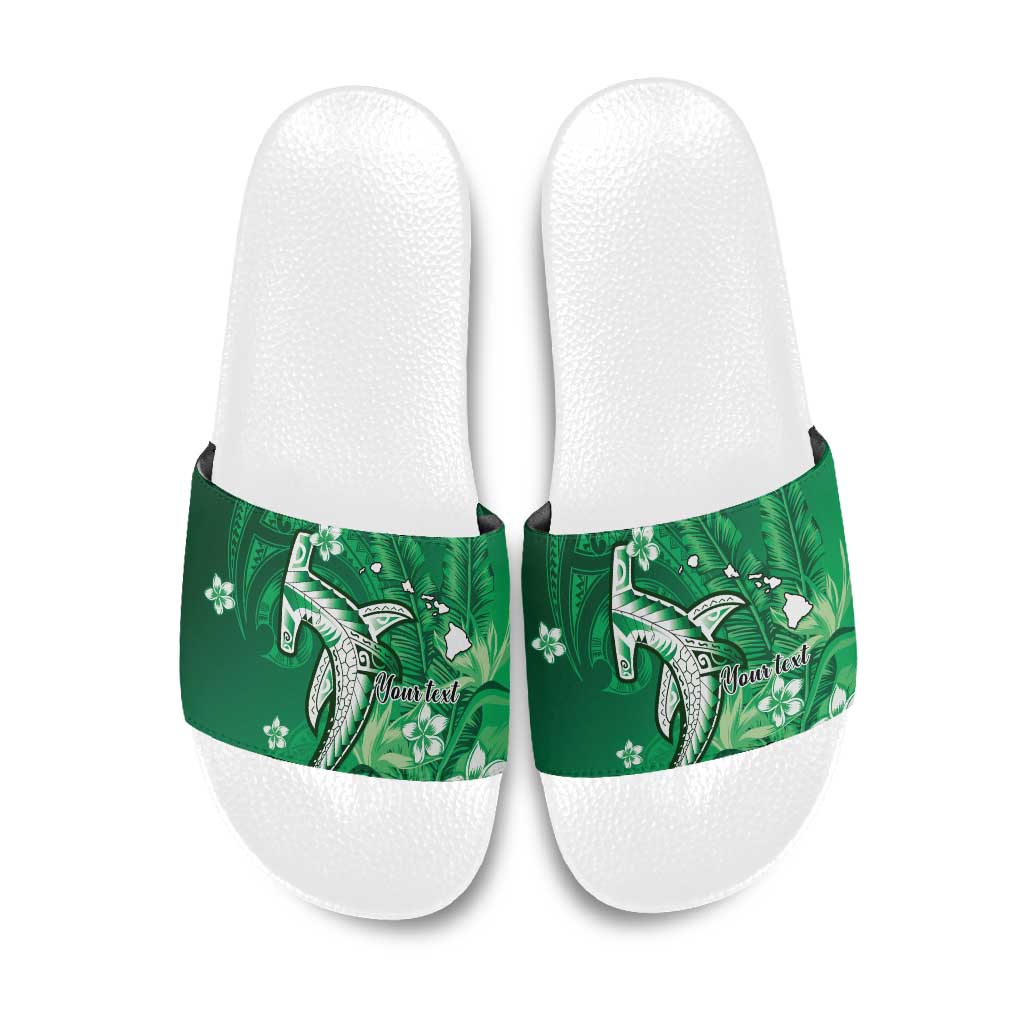Personalized Hawaiian Maori Hammerhead Shark Slide Sandals Omaomao Plumeria LT9 Green - Polynesian Pride