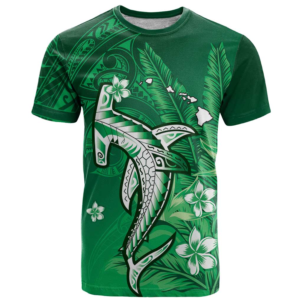Personalized Hawaiian Maori Hammerhead Shark T Shirt Omaomao Plumeria LT9 Green - Polynesian Pride