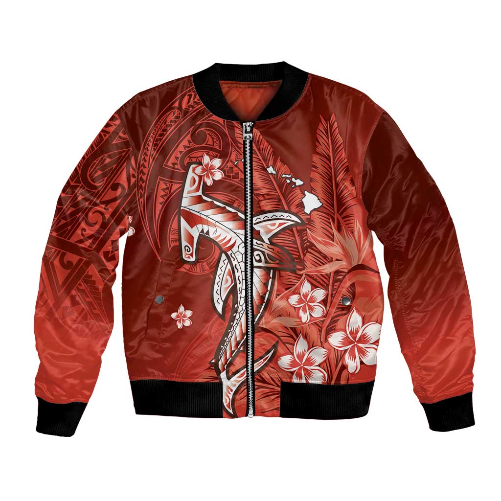 Personalized Hawaiian Maori Hammerhead Shark Bomber Jacket Ulaula Plumeria - Polynesian Pride
