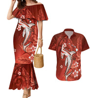 Personalized Hawaiian Maori Hammerhead Shark Couples Matching Mermaid Dress and Hawaiian Shirt Ulaula Plumeria LT9 Red - Polynesian Pride