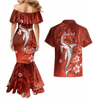 Personalized Hawaiian Maori Hammerhead Shark Couples Matching Mermaid Dress and Hawaiian Shirt Ulaula Plumeria LT9 - Polynesian Pride
