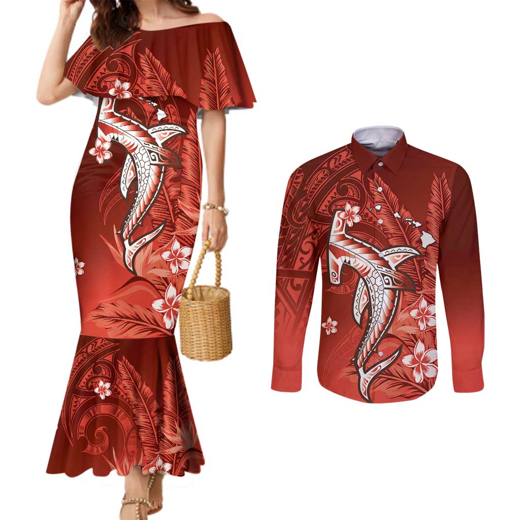 Personalized Hawaiian Maori Hammerhead Shark Couples Matching Mermaid Dress and Long Sleeve Button Shirt Ulaula Plumeria LT9 Red - Polynesian Pride