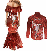 Personalized Hawaiian Maori Hammerhead Shark Couples Matching Mermaid Dress and Long Sleeve Button Shirt Ulaula Plumeria LT9 - Polynesian Pride