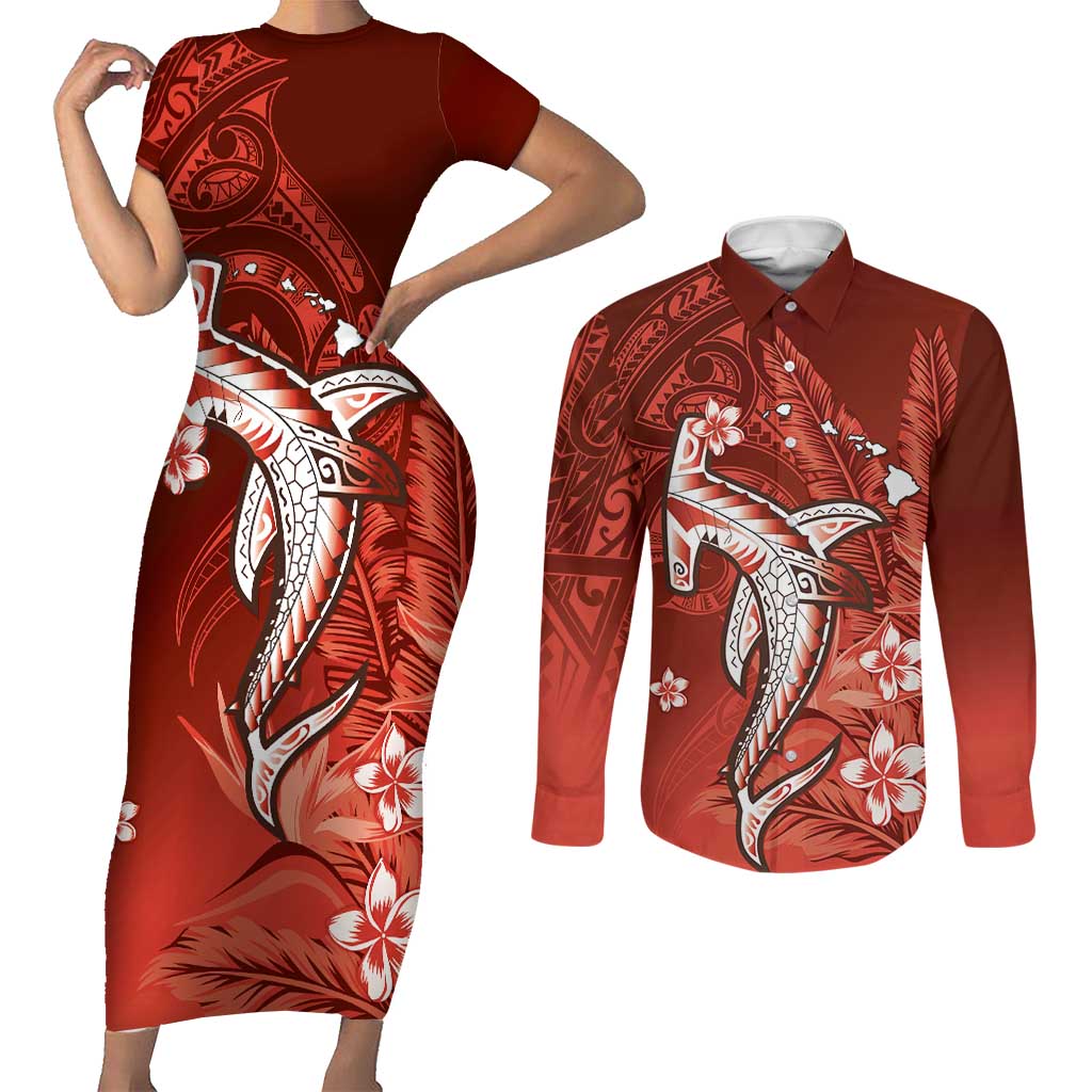 Personalized Hawaiian Maori Hammerhead Shark Couples Matching Short Sleeve Bodycon Dress and Long Sleeve Button Shirt Ulaula Plumeria LT9 Red - Polynesian Pride