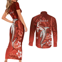 Personalized Hawaiian Maori Hammerhead Shark Couples Matching Short Sleeve Bodycon Dress and Long Sleeve Button Shirt Ulaula Plumeria LT9 - Polynesian Pride