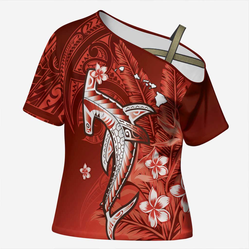 Personalized Hawaiian Maori Hammerhead Shark Cross Shoulder Shirt Ulaula Plumeria - Polynesian Pride