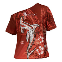 Personalized Hawaiian Maori Hammerhead Shark Cross Shoulder Shirt Ulaula Plumeria - Polynesian Pride