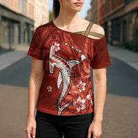 Personalized Hawaiian Maori Hammerhead Shark Cross Shoulder Shirt Ulaula Plumeria - Polynesian Pride