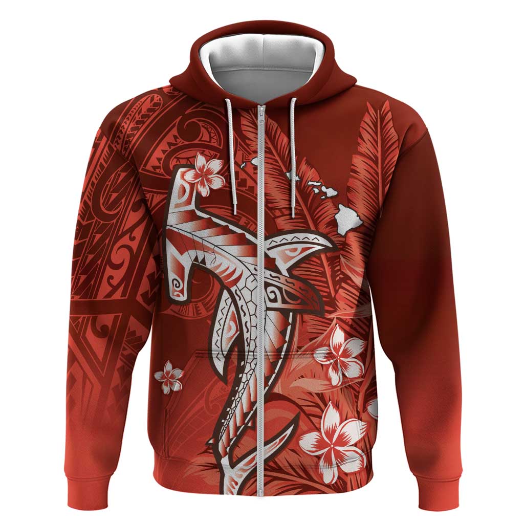 Personalized Hawaiian Maori Hammerhead Shark Hoodie Ulaula Plumeria LT9 Zip Hoodie Red - Polynesian Pride