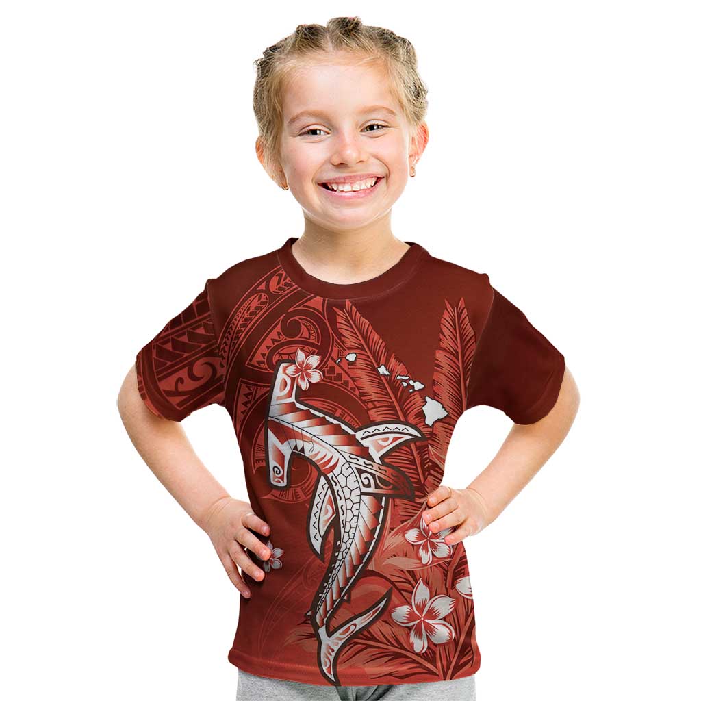Personalized Hawaiian Maori Hammerhead Shark Kid T Shirt Ulaula Plumeria - Polynesian Pride