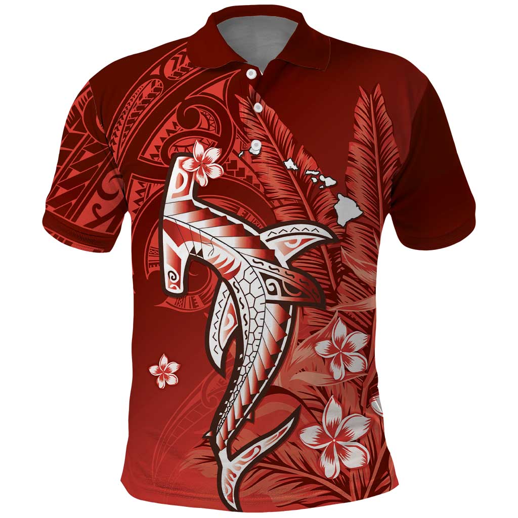 Personalized Hawaiian Maori Hammerhead Shark Polo Shirt Ulaula Plumeria LT9 Red - Polynesian Pride