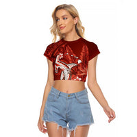 Personalized Hawaiian Maori Hammerhead Shark Raglan Cropped T Shirt Ulaula Plumeria LT9 Female Red - Polynesian Pride