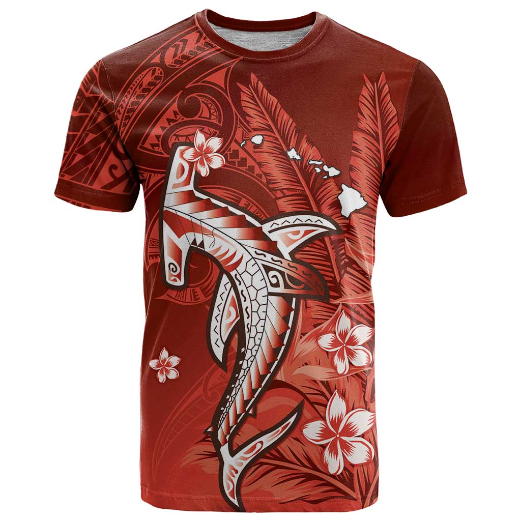 Personalized Hawaiian Maori Hammerhead Shark T Shirt Ulaula Plumeria LT9 Red - Polynesian Pride