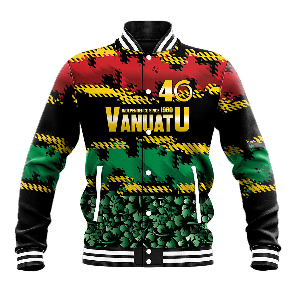 Vanuatu 46th Year Anniversary Baseball Jacket 30 July 1980 Hibiscus Seamless Pattern