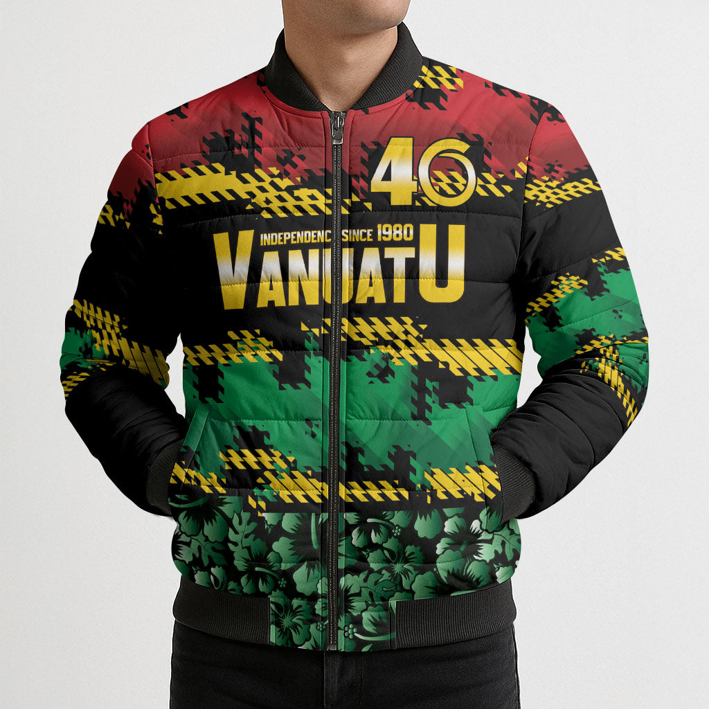 Vanuatu 46th Year Anniversary Bomber Puffer Jacket 30 July 1980 Hibiscus Seamless Pattern