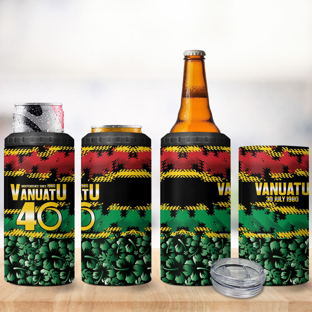 Vanuatu 46th Year Anniversary 4 in 1 Can Cooler Tumbler 30 July 1980 Hibiscus Seamless Pattern