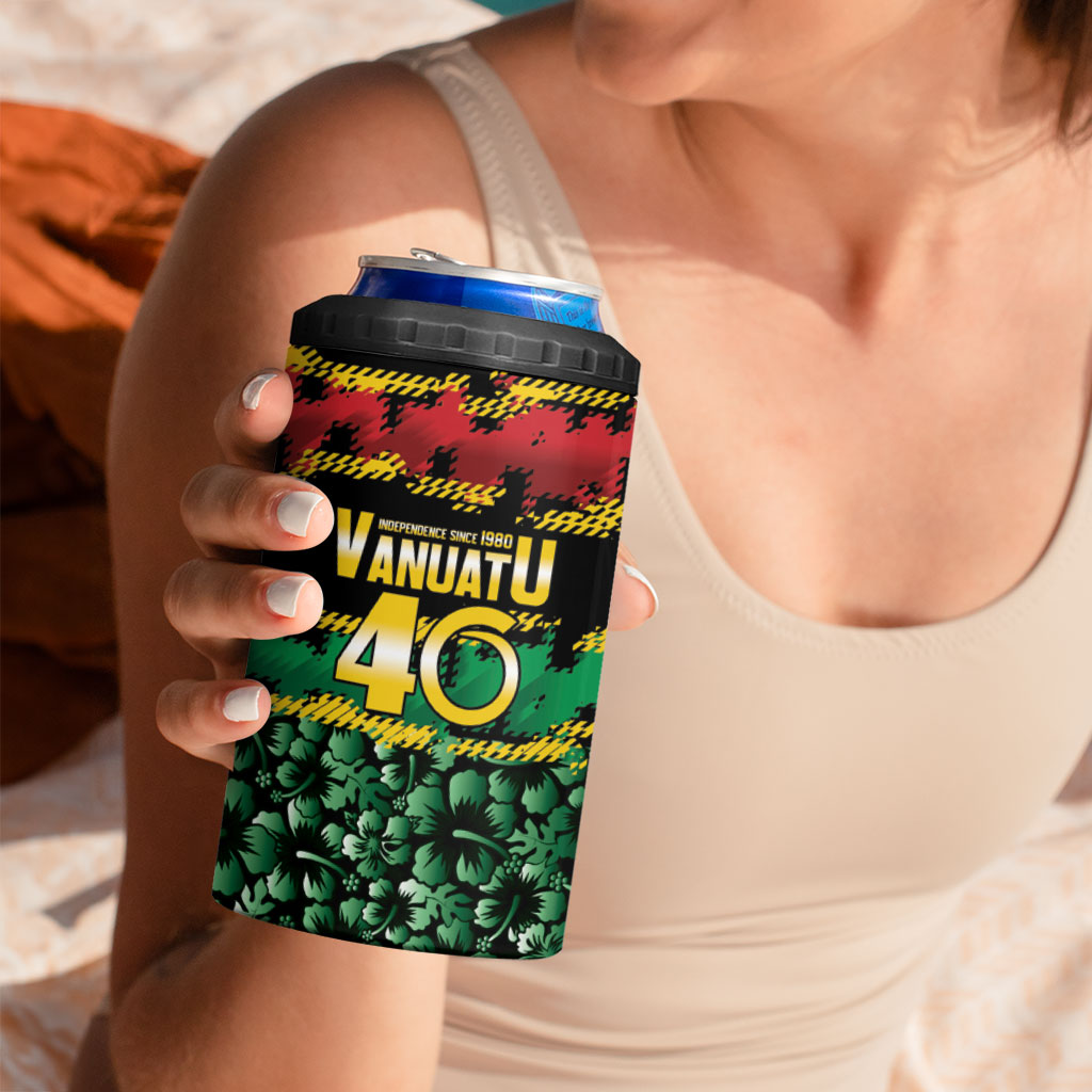 Vanuatu 46th Year Anniversary 4 in 1 Can Cooler Tumbler 30 July 1980 Hibiscus Seamless Pattern