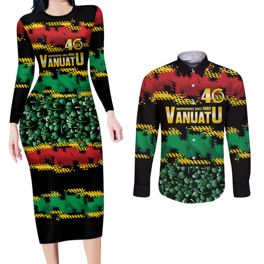 Vanuatu 46th Year Anniversary Couples Matching Long Sleeve Bodycon Dress and Long Sleeve Button Shirt 30 July 1980 Hibiscus Seamless Pattern LT9 Black - Polynesian Pride