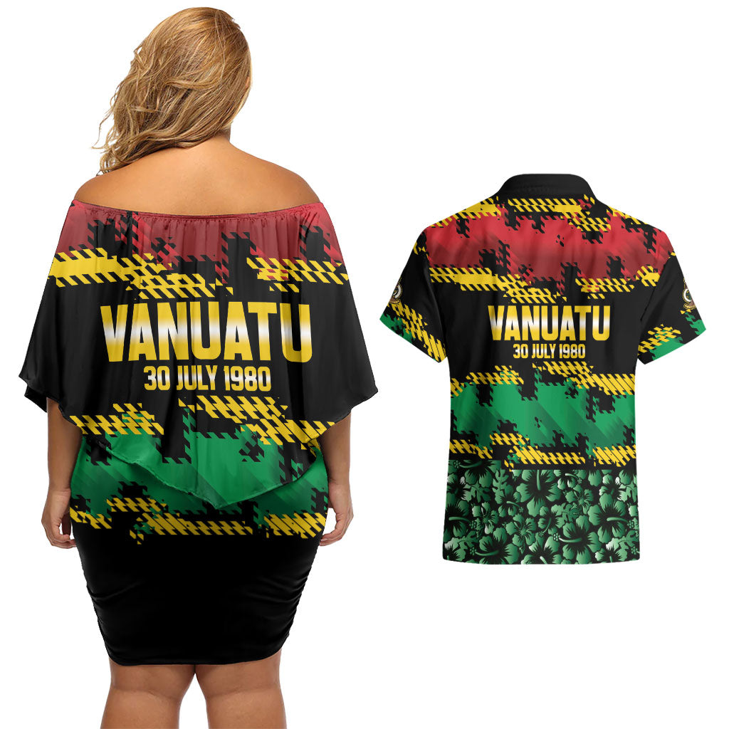 Vanuatu 46th Year Anniversary Couples Matching Off Shoulder Short Dress and Hawaiian Shirt 30 July 1980 Hibiscus Seamless Pattern