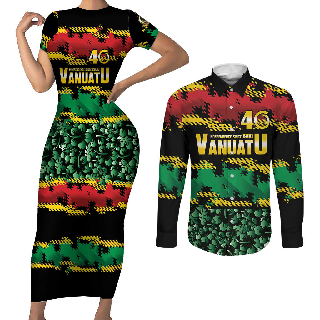 Vanuatu 46th Year Anniversary Couples Matching Short Sleeve Bodycon Dress and Long Sleeve Button Shirt 30 July 1980 Hibiscus Seamless Pattern LT9 Black - Polynesian Pride