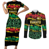 Vanuatu 46th Year Anniversary Couples Matching Short Sleeve Bodycon Dress and Long Sleeve Button Shirt 30 July 1980 Hibiscus Seamless Pattern LT9 Black - Polynesian Pride