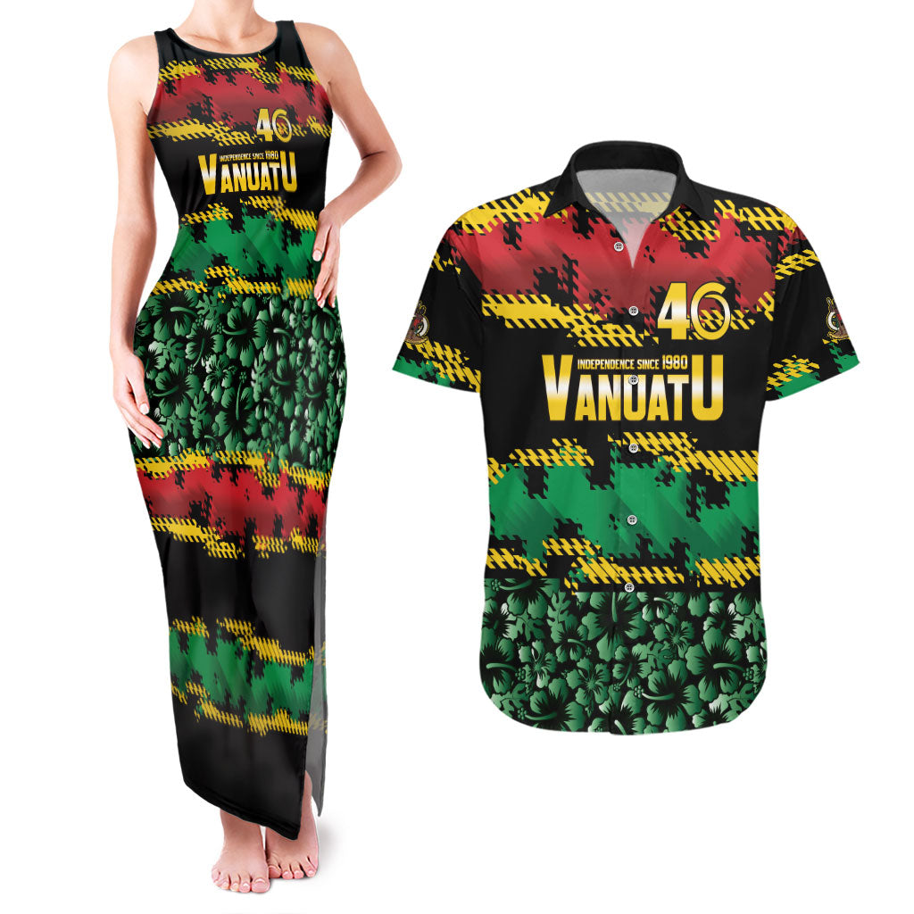 Vanuatu 46th Year Anniversary Couples Matching Tank Maxi Dress and Hawaiian Shirt 30 July 1980 Hibiscus Seamless Pattern LT9 Black - Polynesian Pride