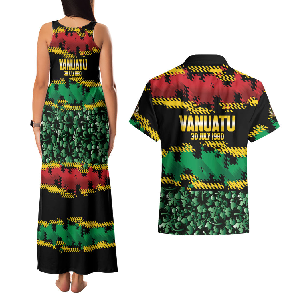 Vanuatu 46th Year Anniversary Couples Matching Tank Maxi Dress and Hawaiian Shirt 30 July 1980 Hibiscus Seamless Pattern LT9 - Polynesian Pride