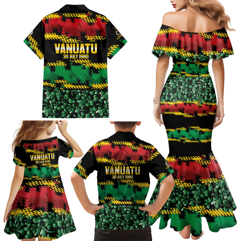 Vanuatu 46th Year Anniversary Family Matching Mermaid Dress and Hawaiian Shirt 30 July 1980 Hibiscus Seamless Pattern