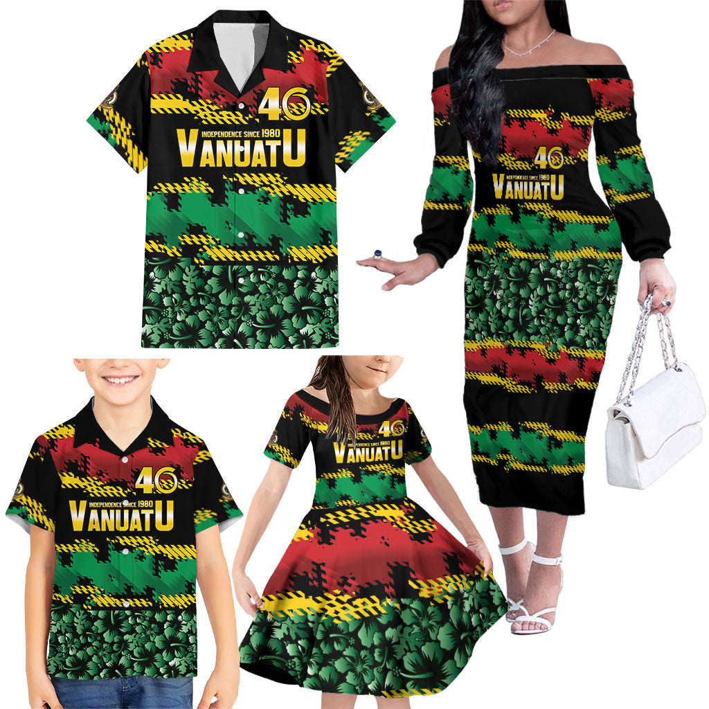 Vanuatu 46th Year Anniversary Family Matching Off The Shoulder Long Sleeve Dress and Hawaiian Shirt 30 July 1980 Hibiscus Seamless Pattern