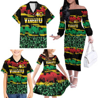 Vanuatu 46th Year Anniversary Family Matching Off The Shoulder Long Sleeve Dress and Hawaiian Shirt 30 July 1980 Hibiscus Seamless Pattern