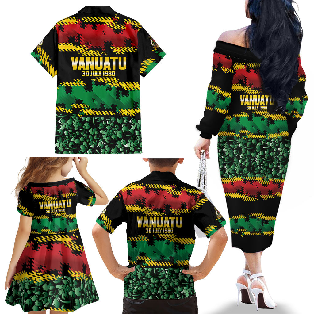 Vanuatu 46th Year Anniversary Family Matching Off The Shoulder Long Sleeve Dress and Hawaiian Shirt 30 July 1980 Hibiscus Seamless Pattern