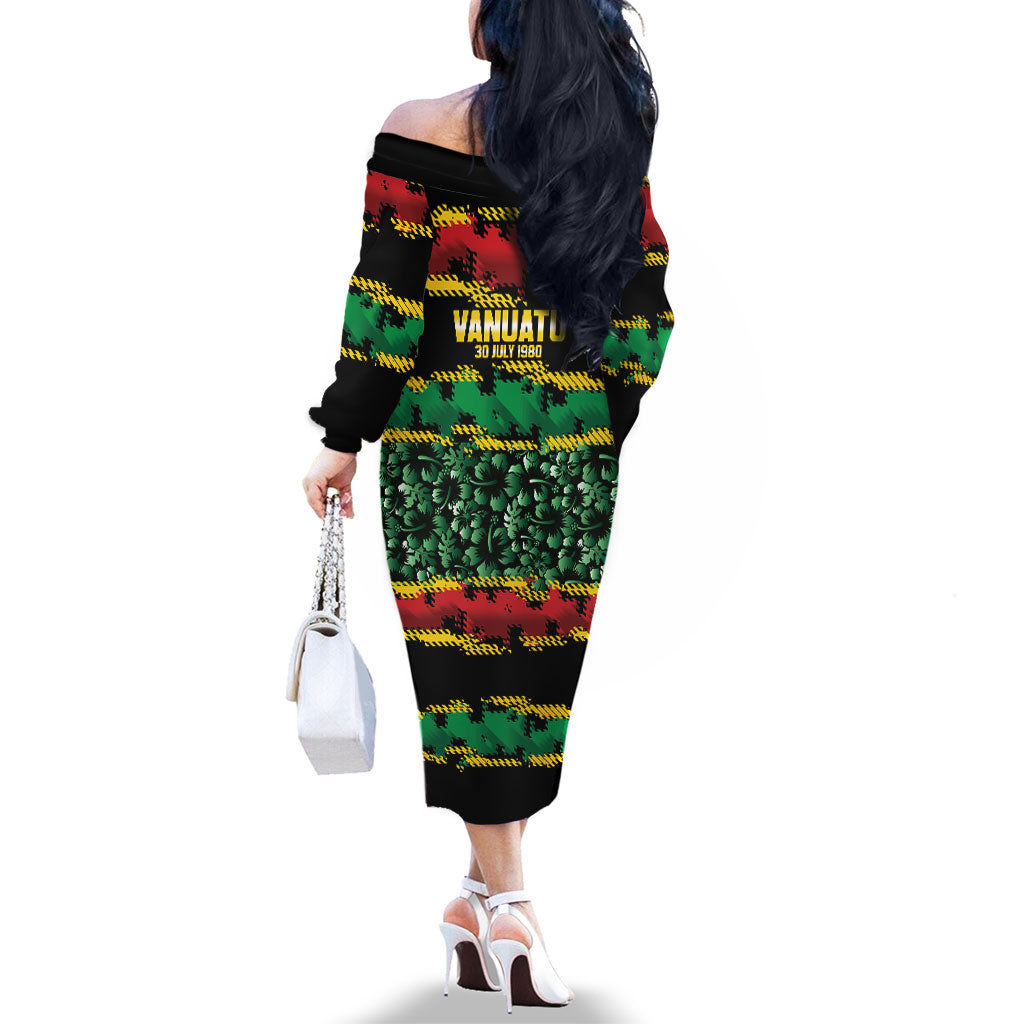 Vanuatu 46th Year Anniversary Family Matching Off The Shoulder Long Sleeve Dress and Hawaiian Shirt 30 July 1980 Hibiscus Seamless Pattern