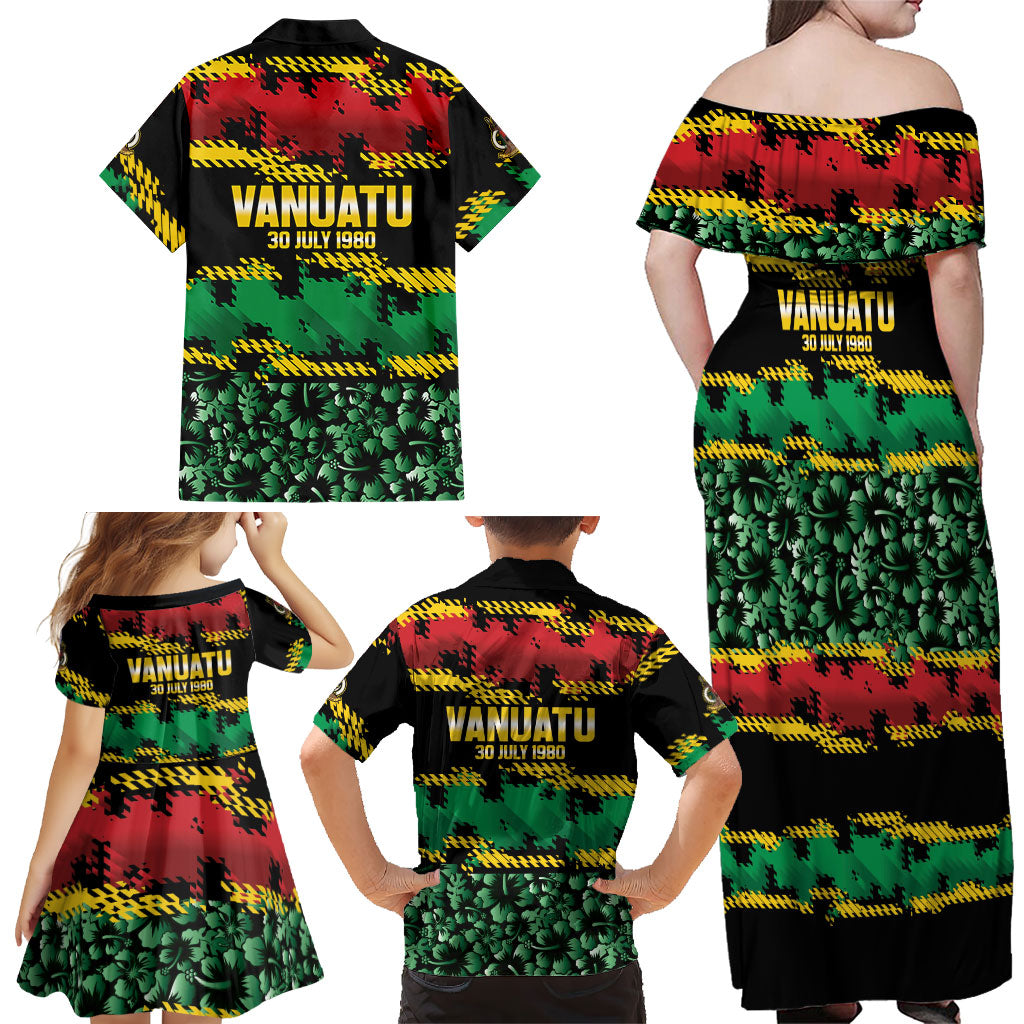 Vanuatu 46th Year Anniversary Family Matching Off Shoulder Maxi Dress and Hawaiian Shirt 30 July 1980 Hibiscus Seamless Pattern