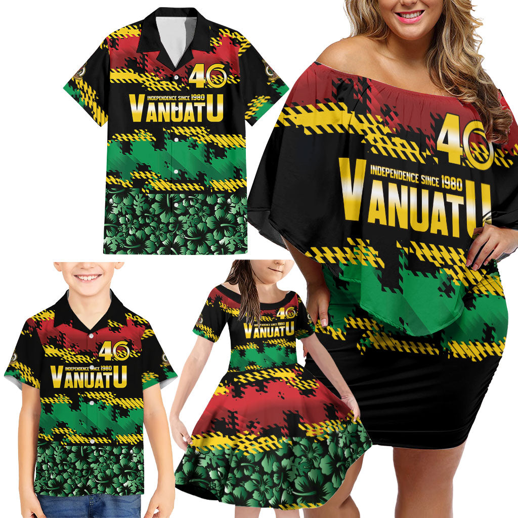 Vanuatu 46th Year Anniversary Family Matching Off Shoulder Short Dress and Hawaiian Shirt 30 July 1980 Hibiscus Seamless Pattern